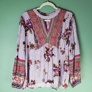 Maurices Womens Plus Size Purple Floral Long Sleeve Boho Blouse Top Size 1X